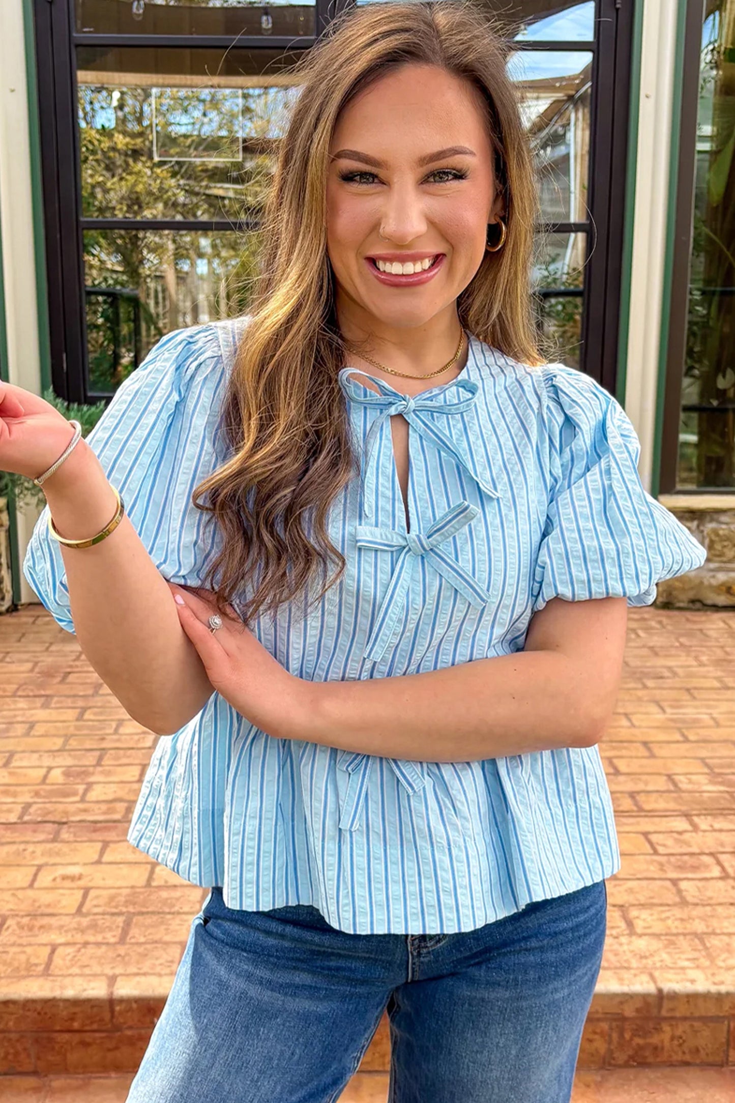 Sky Blue Stripe Bow Knot Textured Short Puff Sleeve Babydoll Blouse - Cowaa