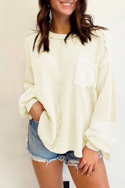 Crinkle Patchwork Long Sleeve Top - Cowaa