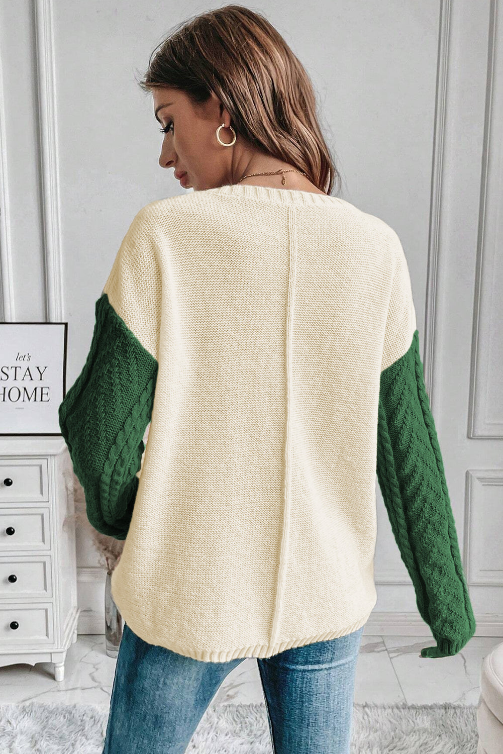 Mist Green Plus Size Cable Knit Color Block Drop Shoulder Sweater - Cowaa