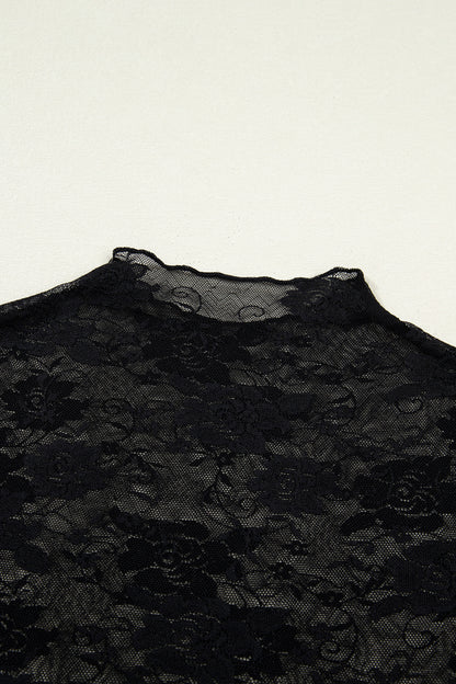 Black Floral Lace Mesh Short Sleeve Sheer Top
