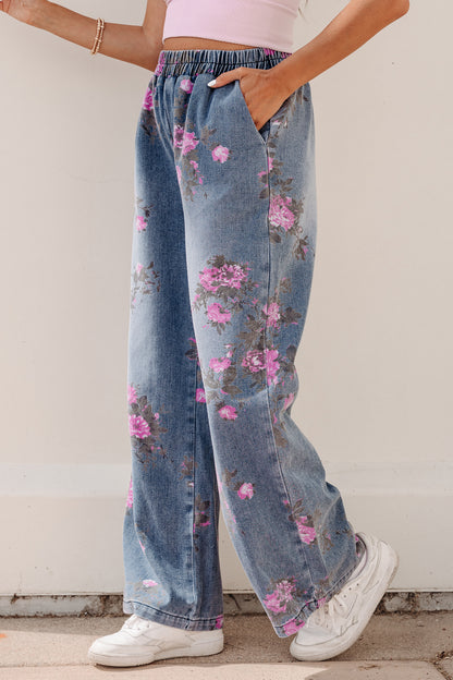 Beau Blue Floral Print Elastic Waist Pull On Casual Jeans - Cowaa