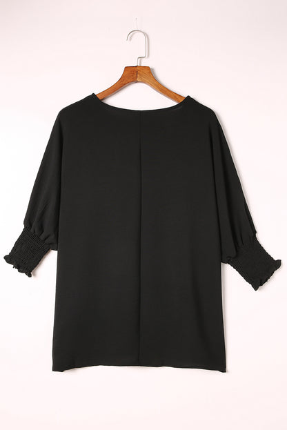 Apricot Solid Casual Smocked Cuffs Batwing Sleeve Blouse - Cowaa