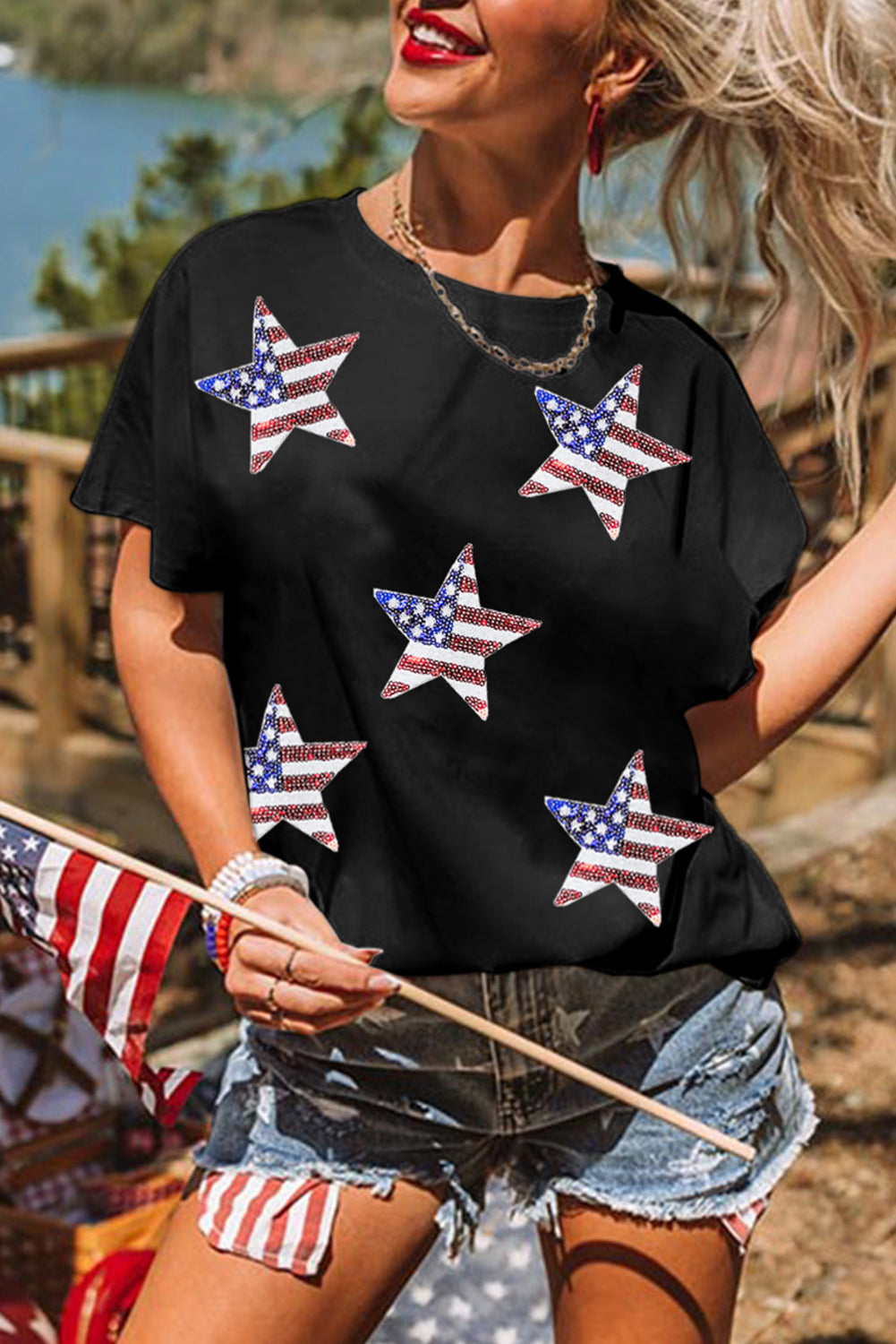 Sequin American Flag Star Graphic T Shirt - Cowaa