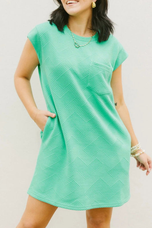 Mint Green Plain Textured Pocketed Mini Dress - Cowaa