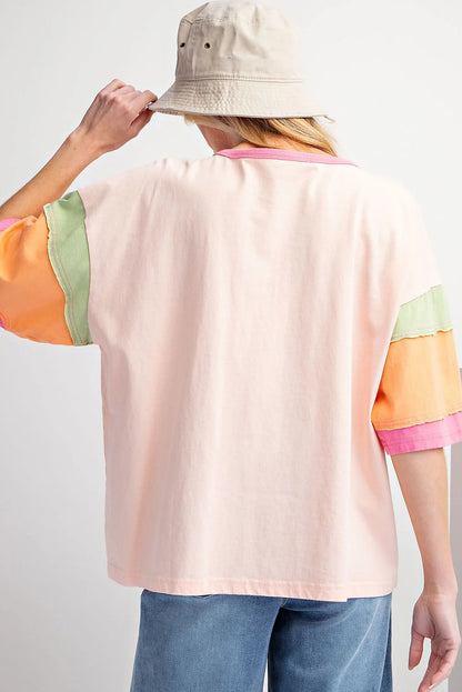 Green Color Block Sleeve Round Neck Oversize Top - Cowaa