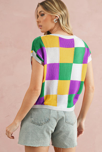 Fiery Red Checkered Color Block Cap Sleeve Knitted Top - Cowaa