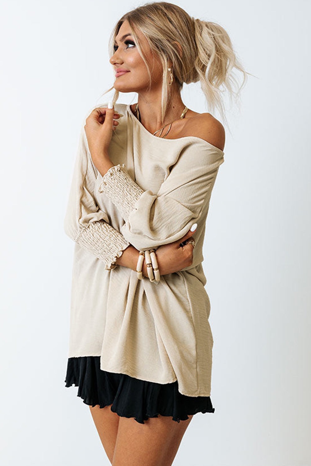 Apricot Solid Casual Smocked Cuffs Batwing Sleeve Blouse - Cowaa