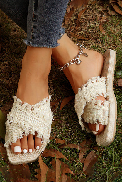 Beige Tassel Woven Crossed Straps Flat Sandels - Cowaa