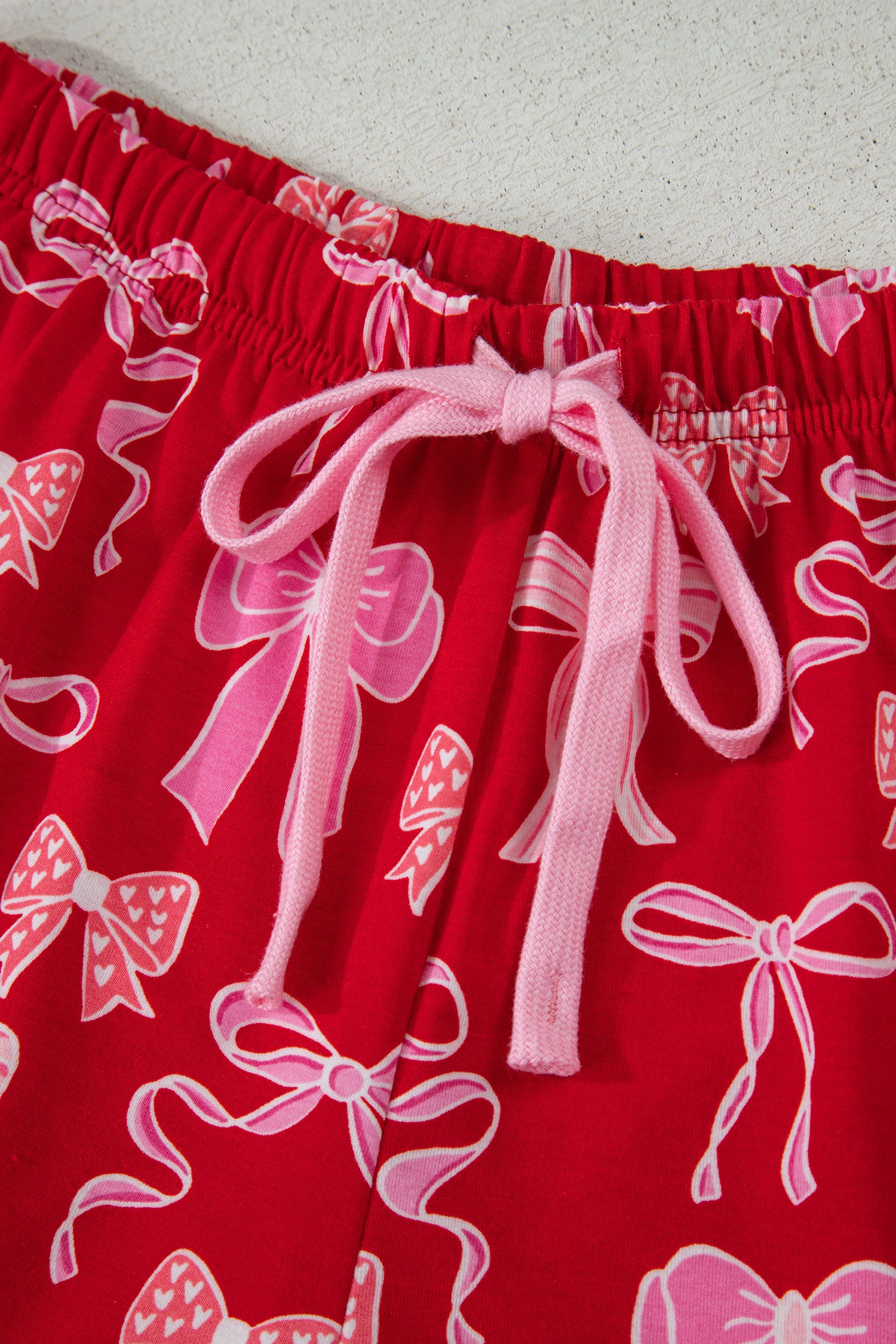 Red Sweet Bow Print Ruffled Short Sleeve Shirt Shorts 2pcs Pajama Set - Cowaa