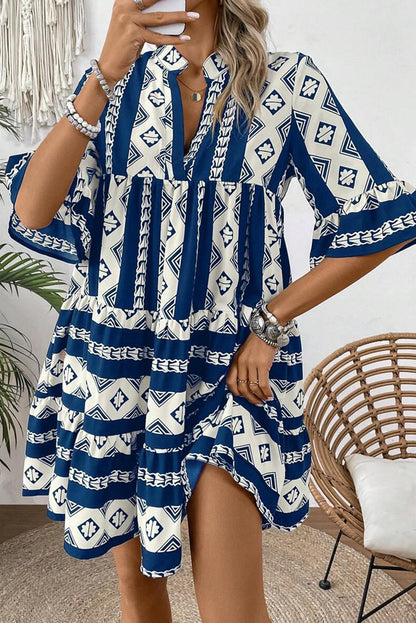 Black Abstract Print Bell Sleeve V Neck Boho Dress - Cowaa