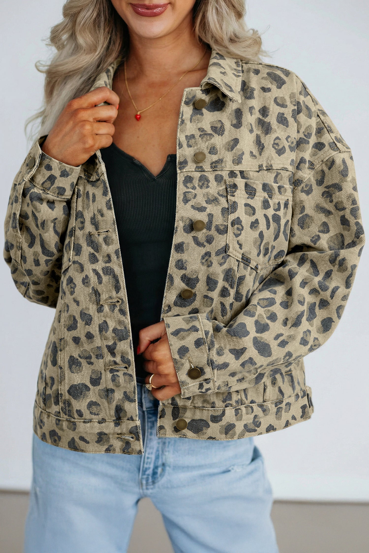 Khaki Retro Leopard Print Seam Detail Button Down Denim Jacket - Cowaa