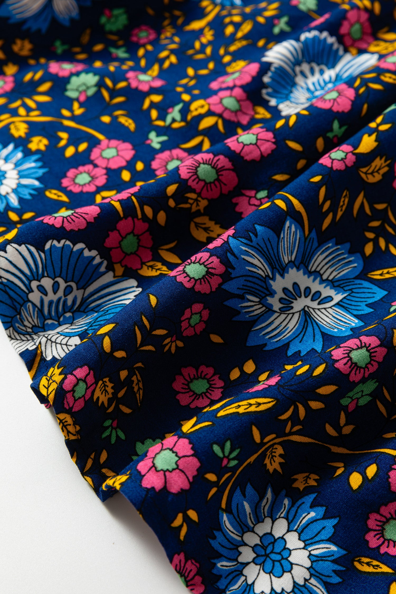 Blue Bohemian Floral Print Tassel Tie Front Long Sleeve Blouse - Cowaa