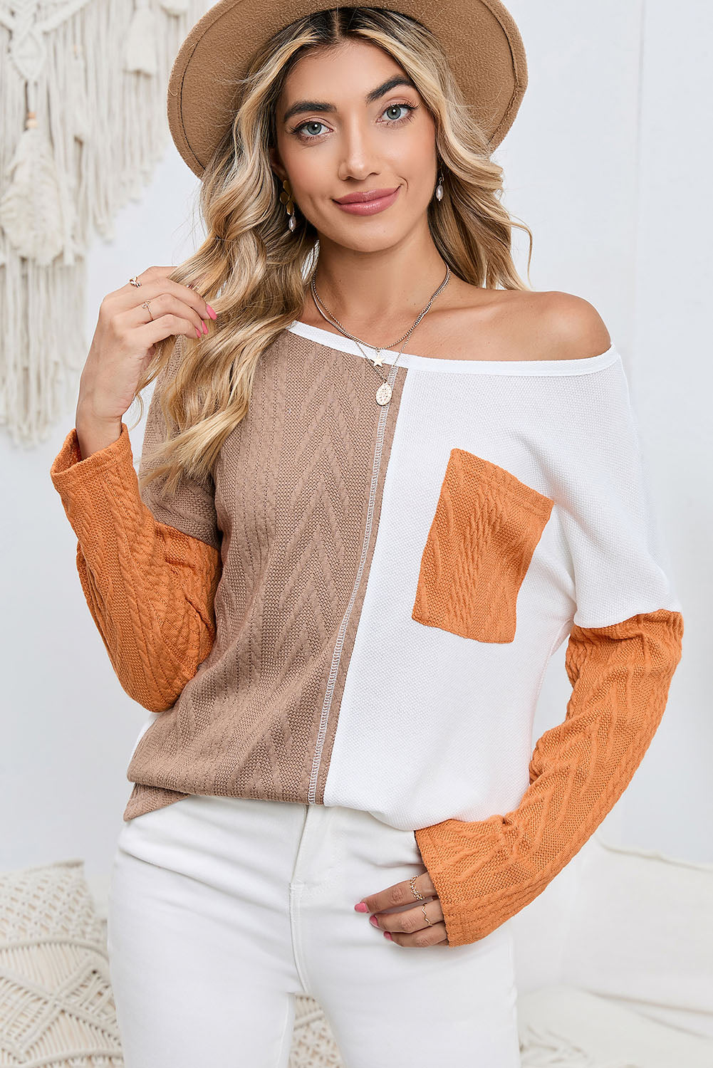 Long Sleeve Colorblock Chest Pocket Textured Knit Top - Cowaa