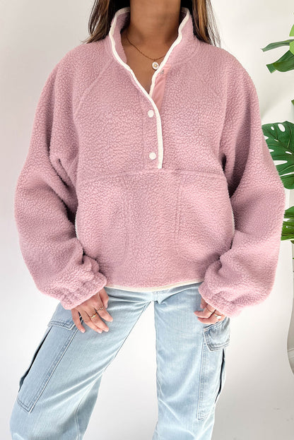 Fushia High Collar Long Sleeve Pullover Sweatshirt - Cowaa