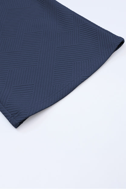 Navy Blue Textured Loose Fit T Shirt and Drawstring Pants Set - Cowaa