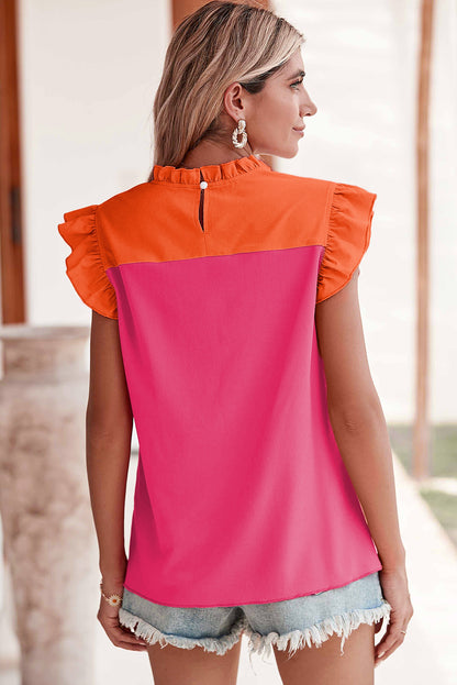 Rose Red Two Tone Pleated Ruffle Trim Blouse - Cowaa