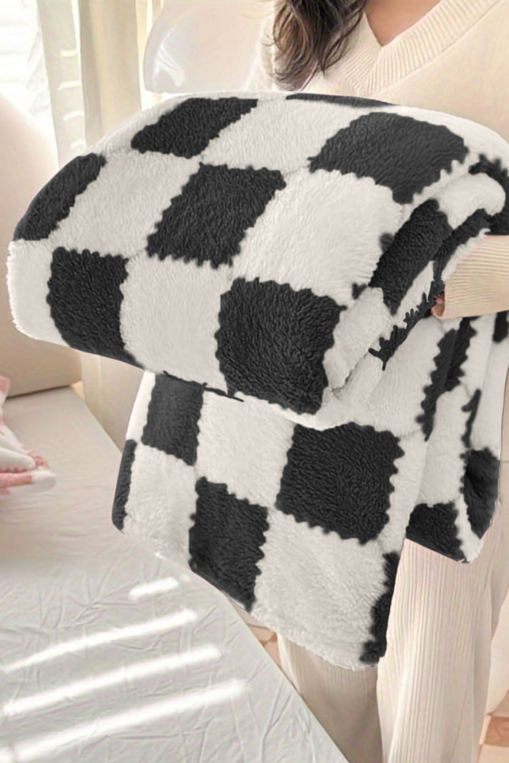 Pink Checkered Fluffy Coral Fleece Blanket - Cowaa