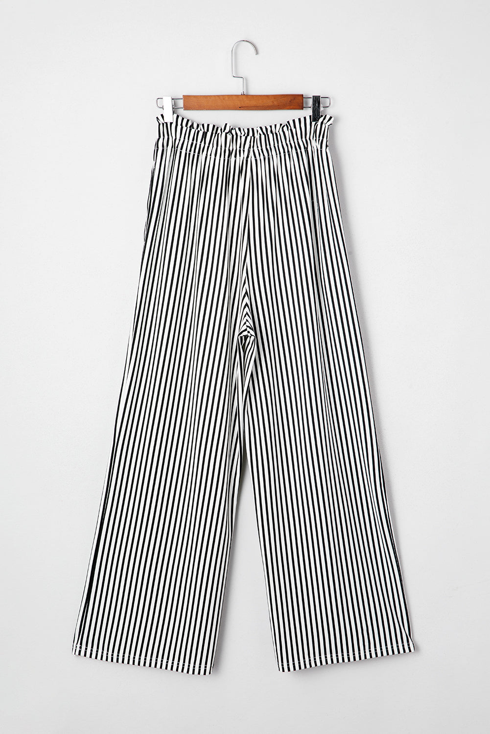 Black Stripe Tied High Waist Loose Straight Casual Pants - Cowaa