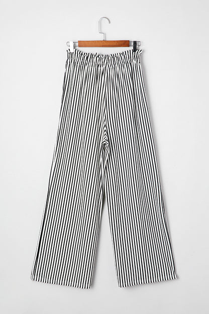 Black Stripe Tied High Waist Loose Straight Casual Pants - Cowaa
