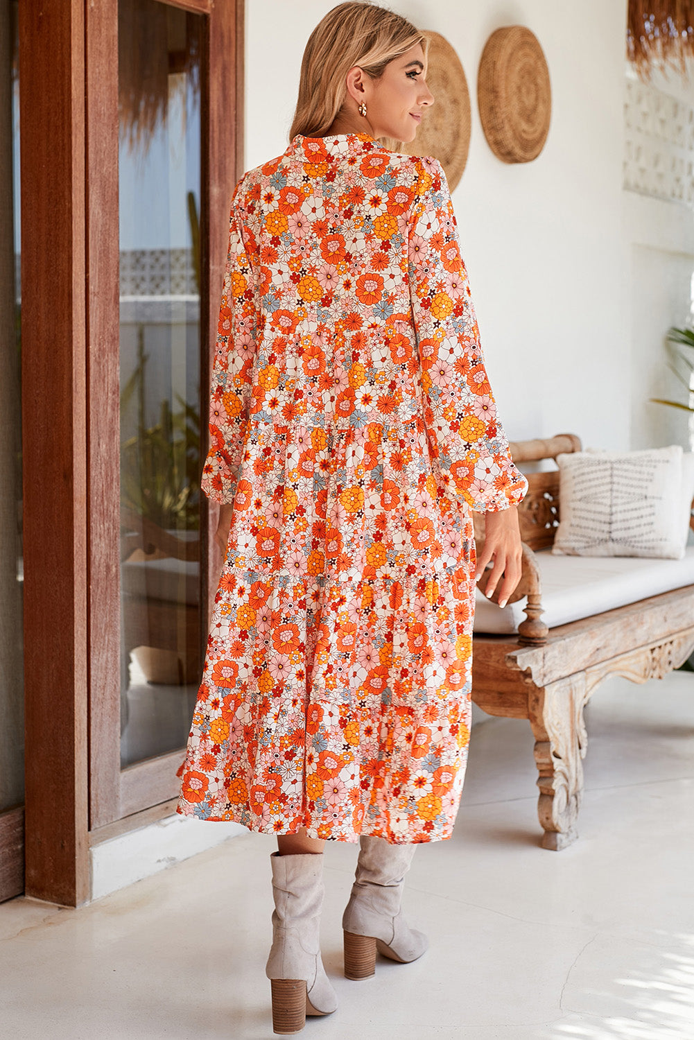 Multicolor Boho Floral Collared Long Sleeve Dress - Cowaa