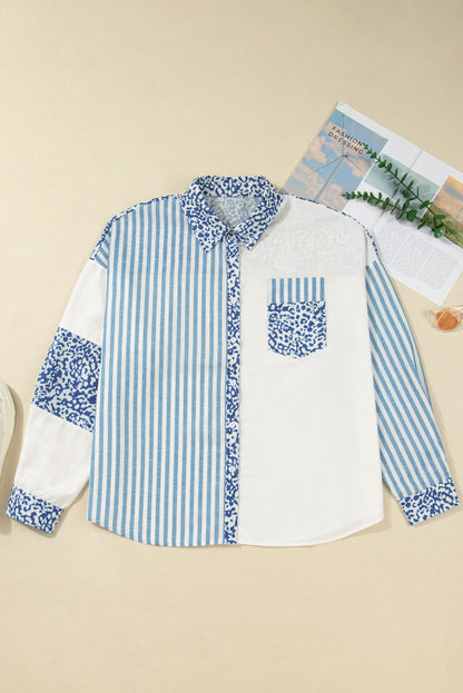 Sky Blue Leopard Striped Patchwork Casual Plus Size Shirt