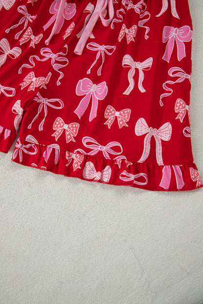 Red Sweet Bow Print Ruffled Short Sleeve Shirt Shorts 2pcs Pajama Set - Cowaa