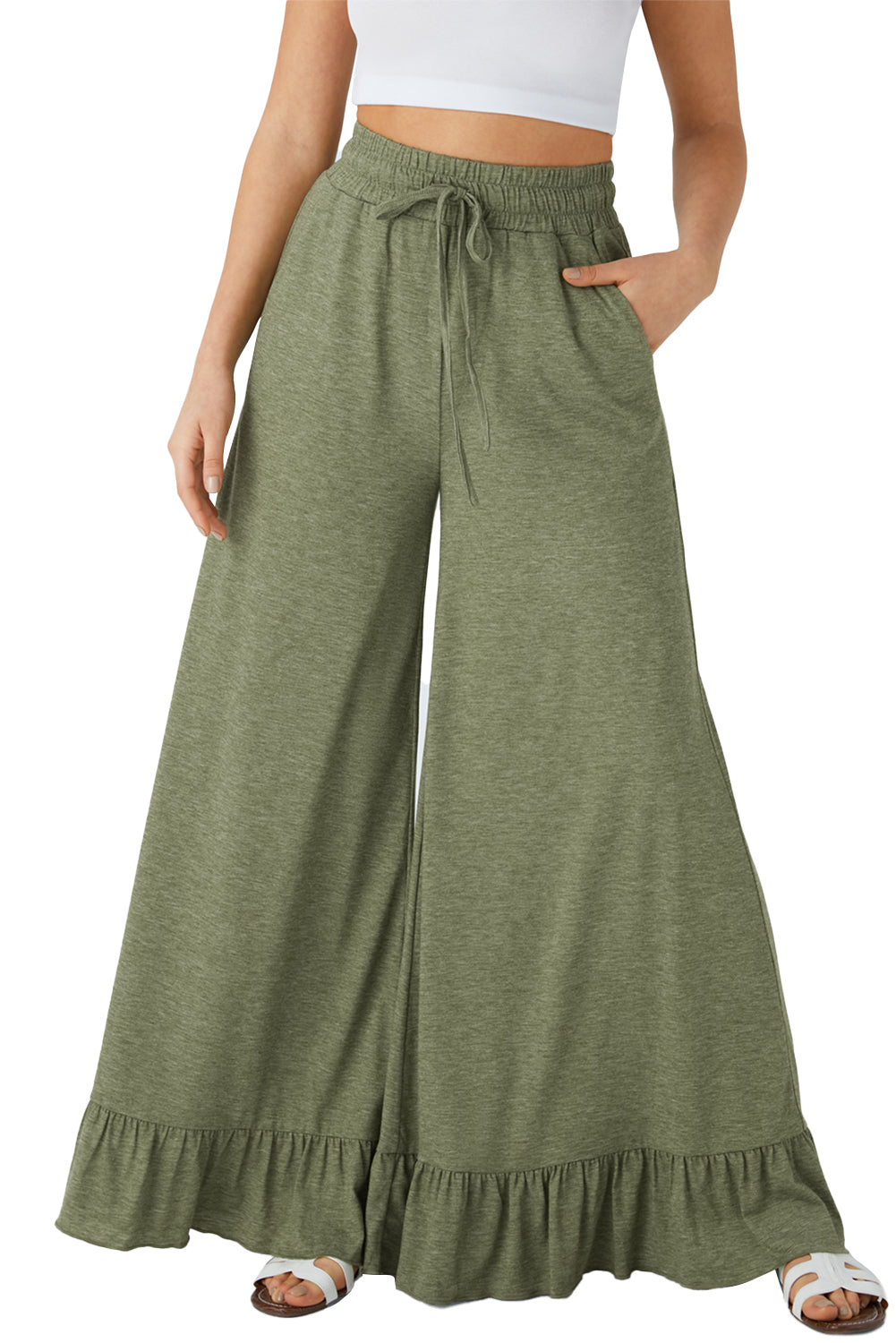 Dune Solid Color Ruffle Hem Wide Leg Pants - Cowaa