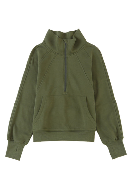Brown Zip Up Stand Collar Thumbhole Sleeve Sweatshirt - Cowaa