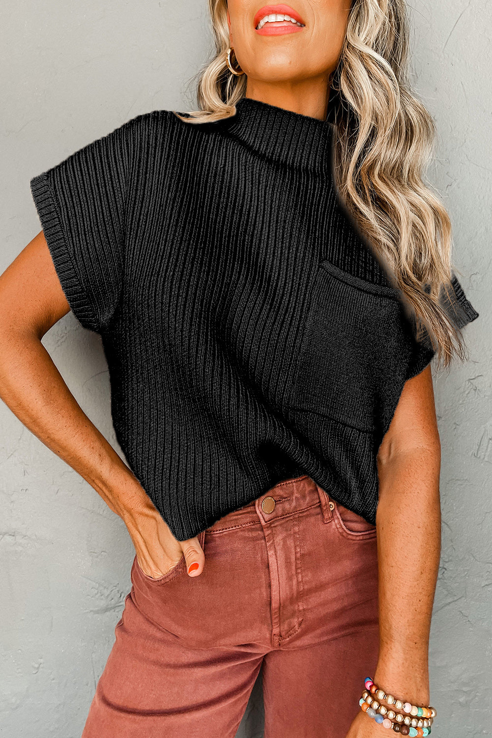 Patch Pocket Ribbed Knit Short Sleeve Sweater - Cowaa