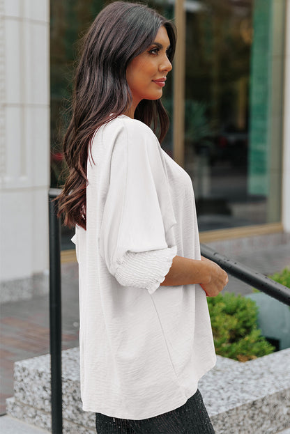 Apricot Solid Casual Smocked Cuffs Batwing Sleeve Blouse - Cowaa