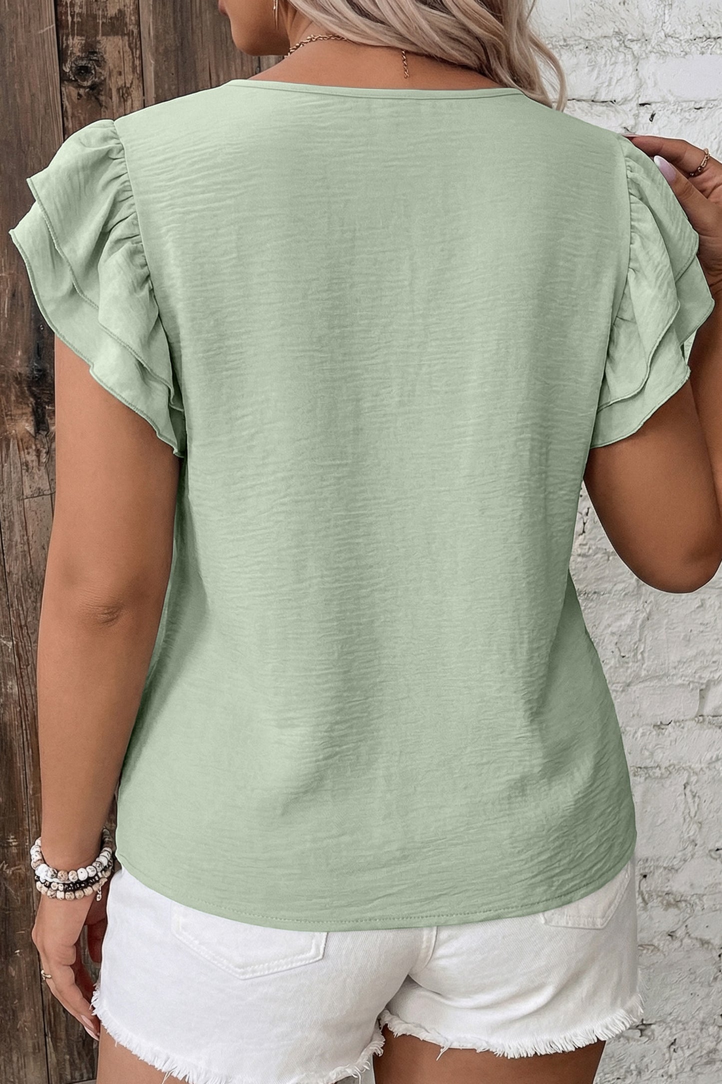 Clearly Aqua Plus Size Crew Neck Ruffle Sleeve Top