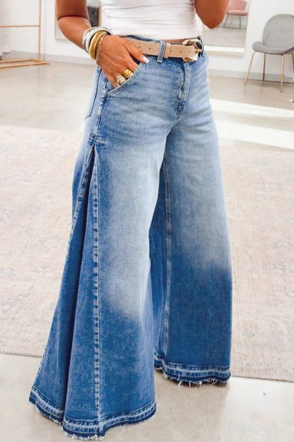 Myosotis Side Seam Gathering Wide Leg Jeans Casual Daily Full-length Denim Pants