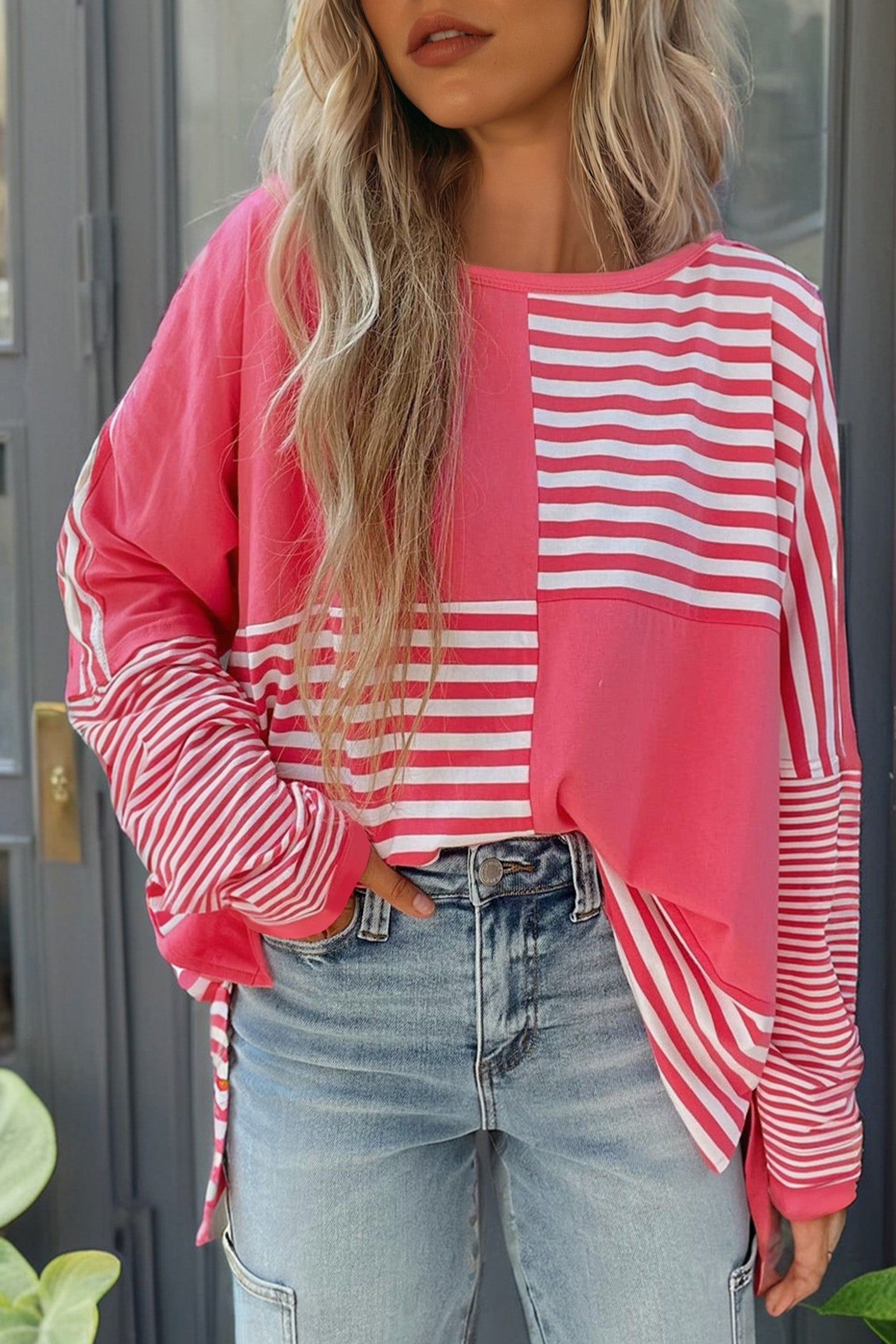 Pink Stripe Color Block Patchwork Drop Shoulder Long Sleeve Tunic Top - Cowaa
