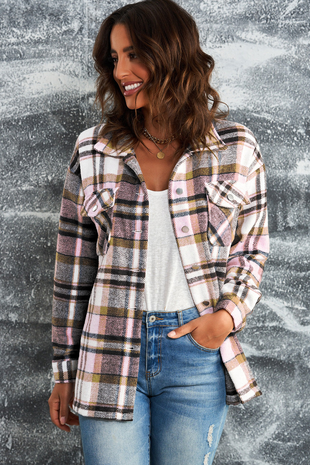 Plaid Button Front Pocket Shirt Shacket - Cowaa
