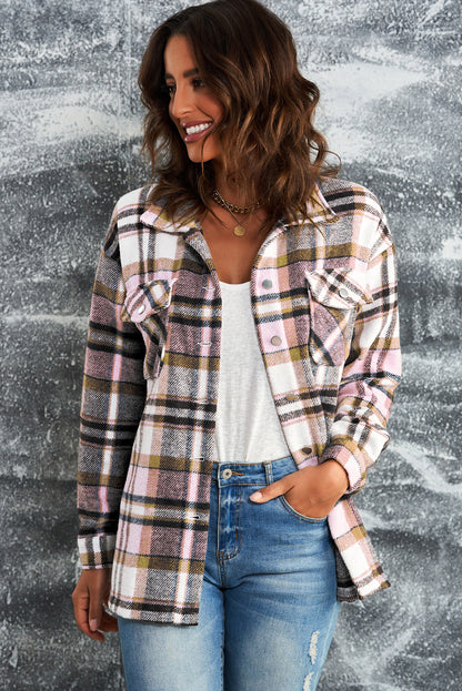 Plaid Button Front Pocket Shirt Shacket - Cowaa