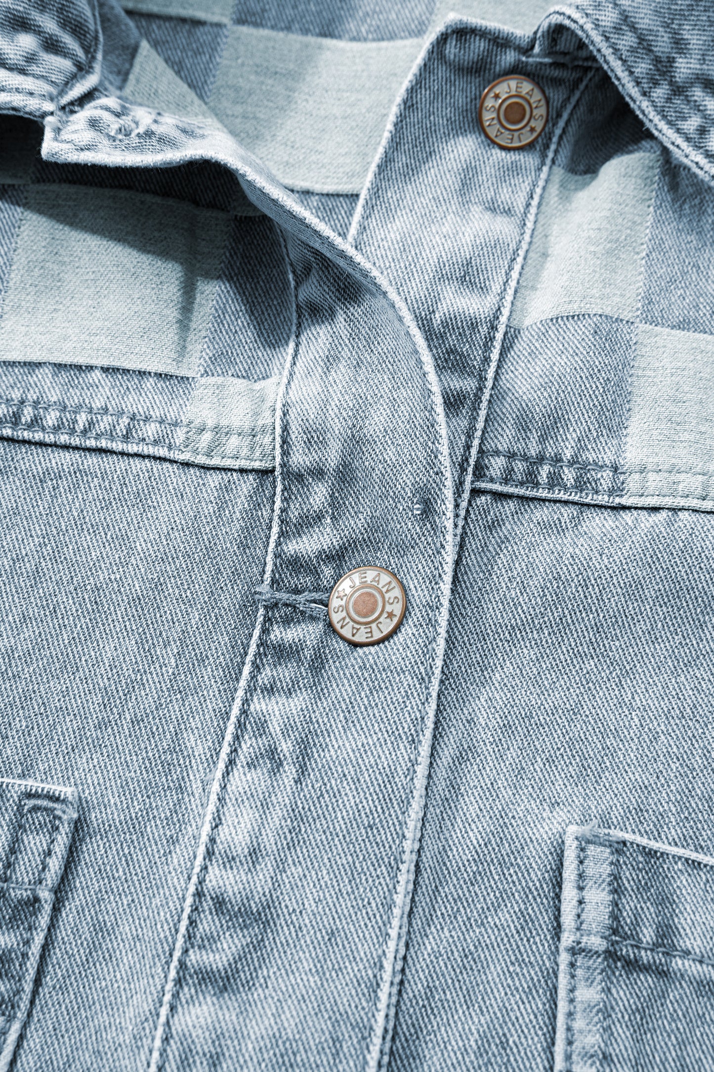 Beau Blue Denim Checkered Pattern Patchwork Womens Casual Jacket