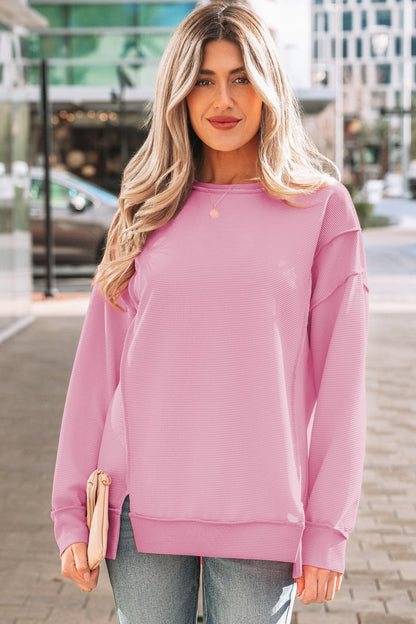 Pink Horizontal Ribbed Exposed Seam Detail Drop Shoulder Baggy Pullover - Cowaa