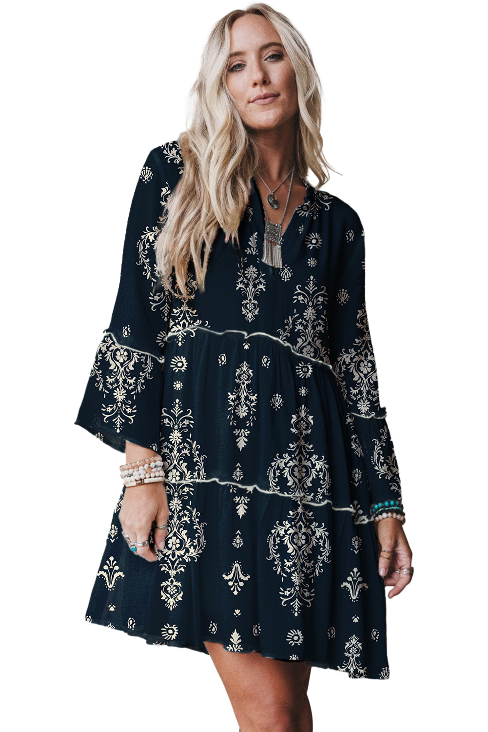 Blue Boho Floral Print Lettuce Trim 3/4 Sleeve Mini Dress