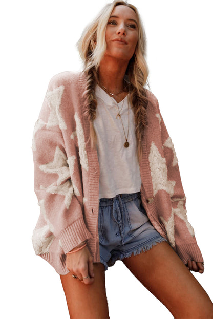 Khaki Star Pattern Pockets Button Front Cardigan - Cowaa