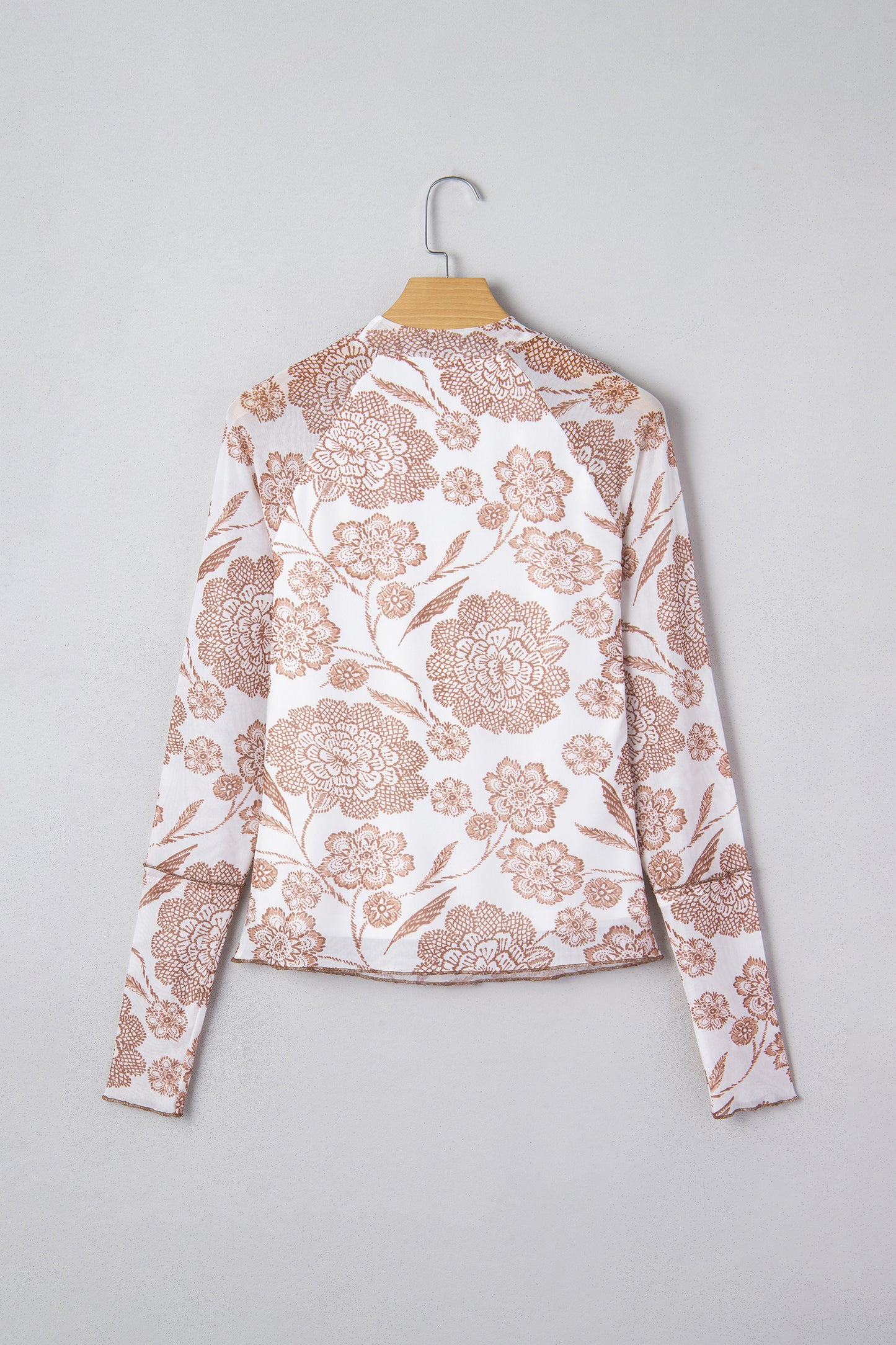Brown Thumbhole Long Sleeve Floral Print Mesh Top - Cowaa