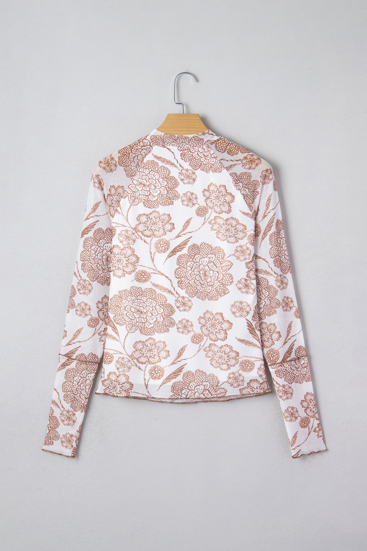 Brown Thumbhole Long Sleeve Floral Print Mesh Top - Cowaa