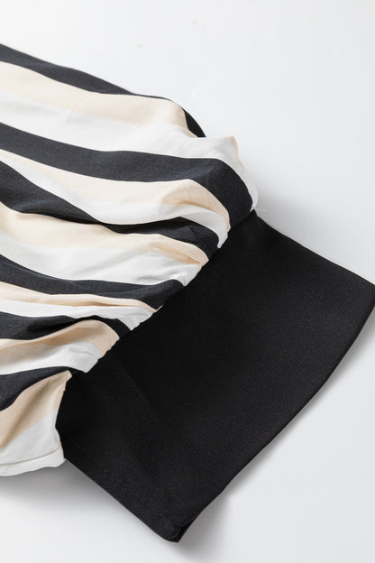 Black Stripe 3/4 Puff Sleeve Shirt Style Button Down Midi Dress - Cowaa