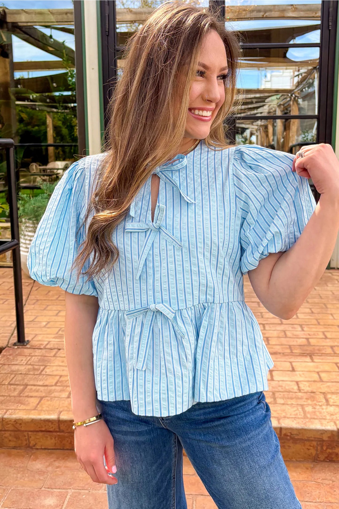 Sky Blue Stripe Bow Knot Textured Short Puff Sleeve Babydoll Blouse - Cowaa