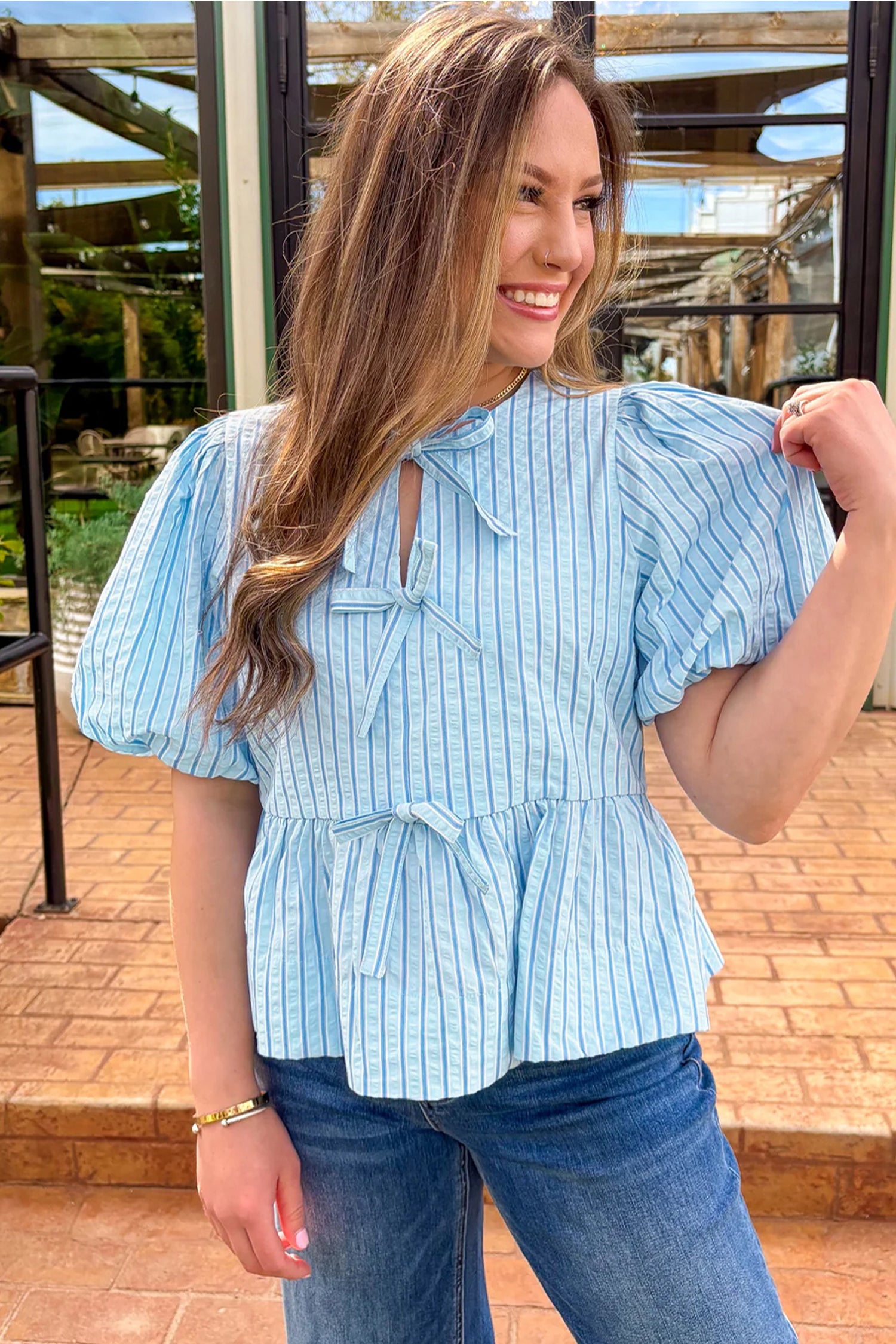 Sky Blue Stripe Bow Knot Textured Short Puff Sleeve Babydoll Blouse - Cowaa