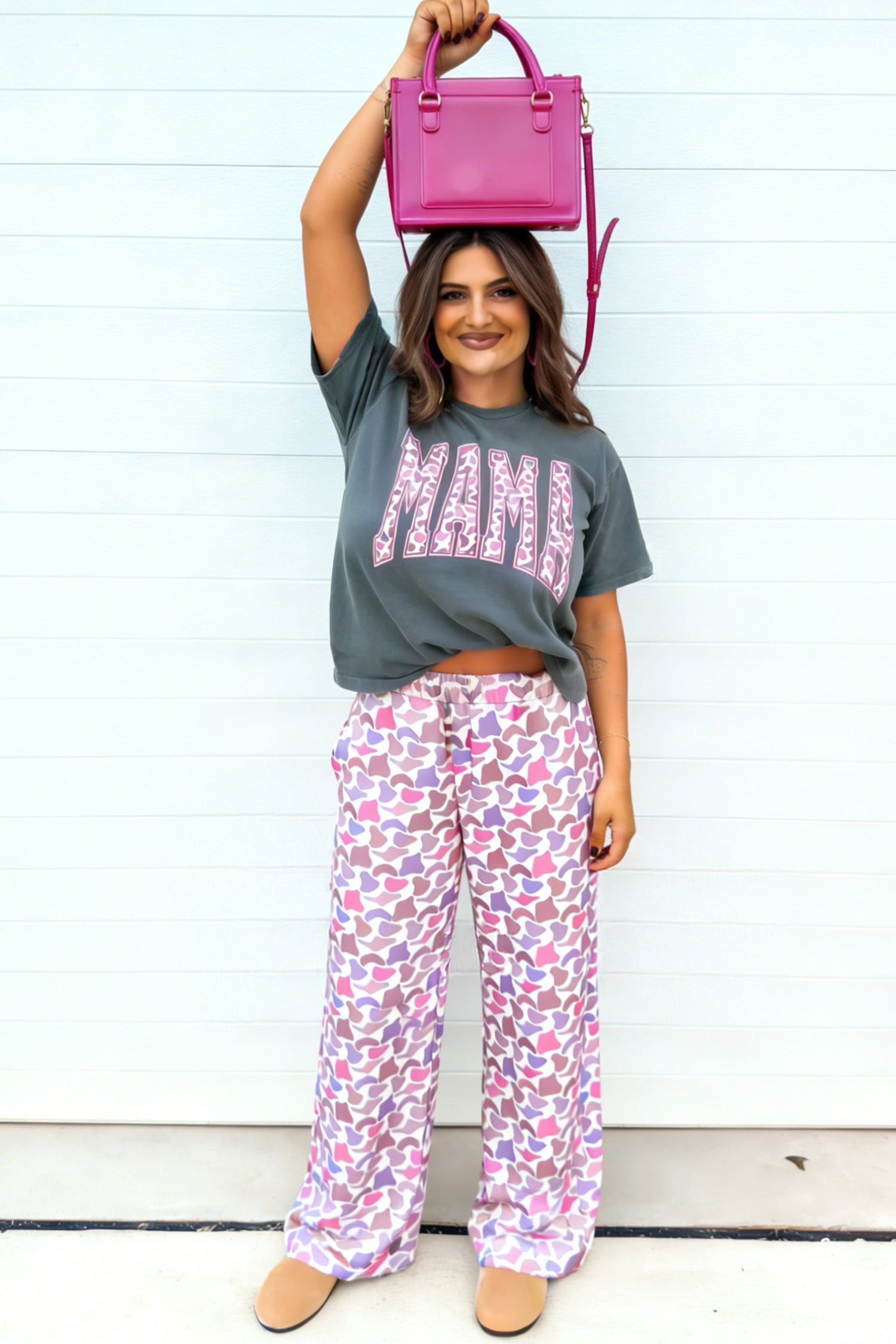 Medium Grey MAMA Letter Graphic Tee Camouflage Print Loose Pant Set - Cowaa