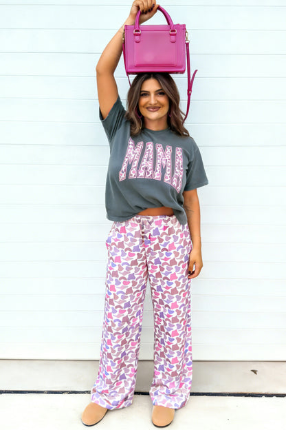 Medium Grey MAMA Letter Graphic Tee Camouflage Print Loose Pant Set - Cowaa