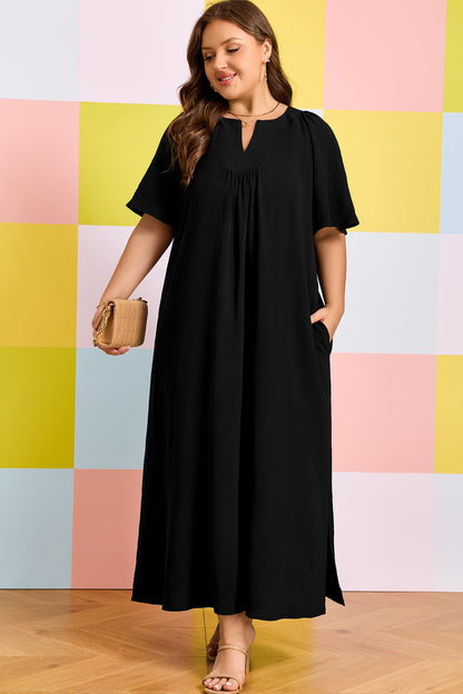 Black Plus Size Solid Color Notched Neck Short Sleeve Loose Dress - Cowaa