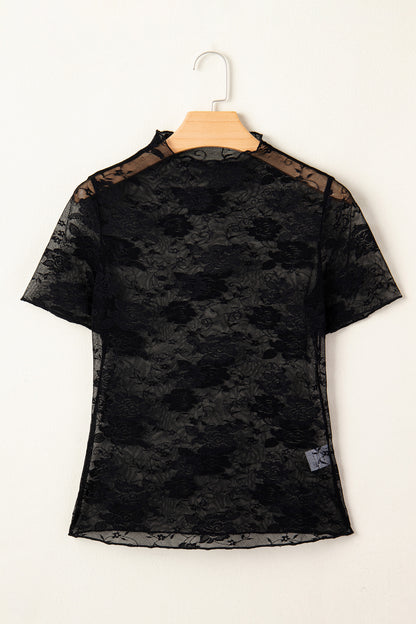 Black Floral Lace Mesh Short Sleeve Sheer Top