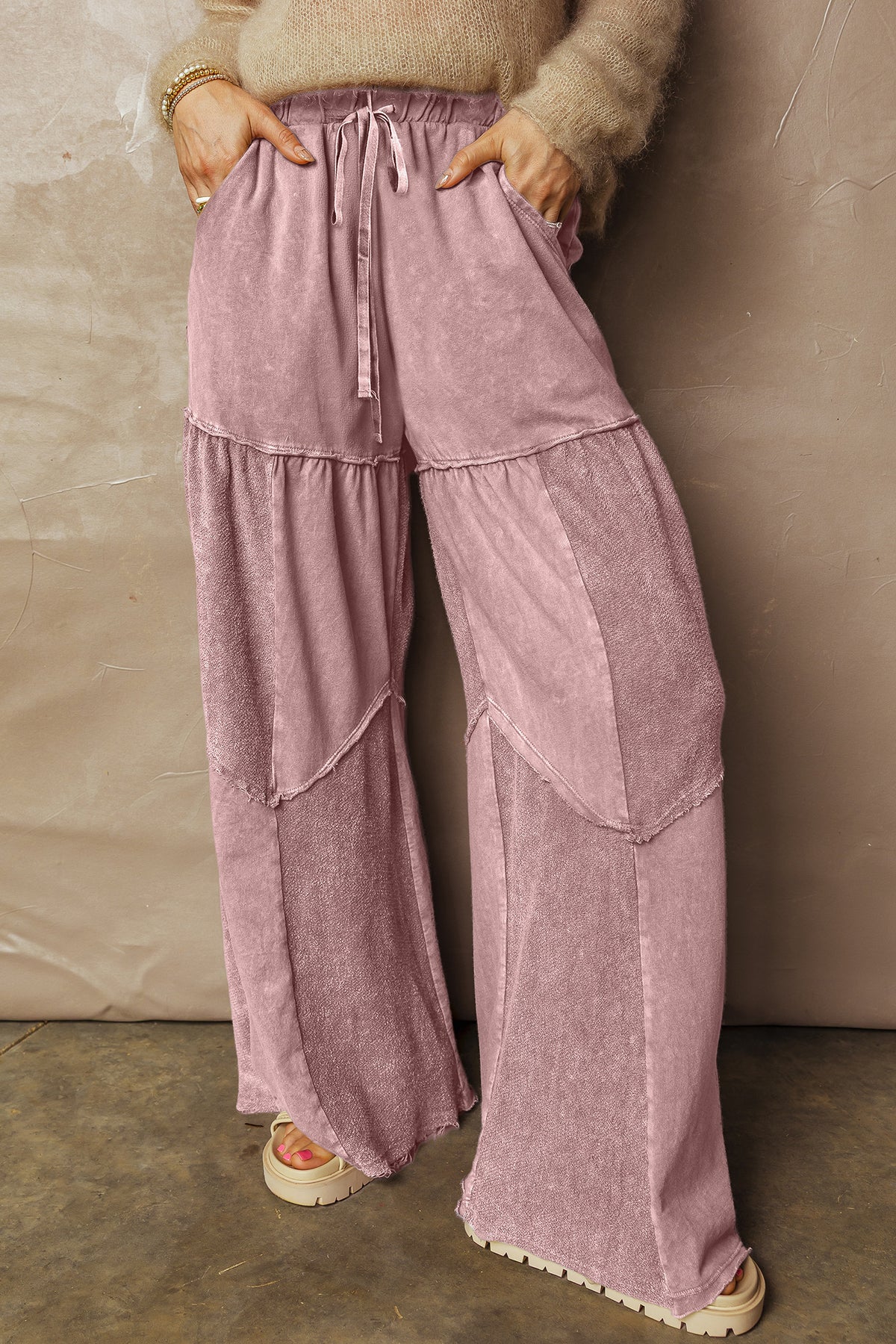 Straw Yellow Mineral Wash Tiered Wide Leg Patchwork Drawstring Pants - Cowaa