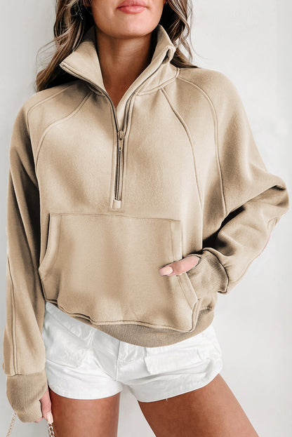 Brown Zip Up Stand Collar Thumbhole Sleeve Sweatshirt - Cowaa